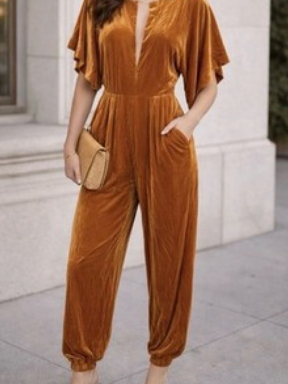 Norma Kamali Velvet Jumpsuit In Rust Orange